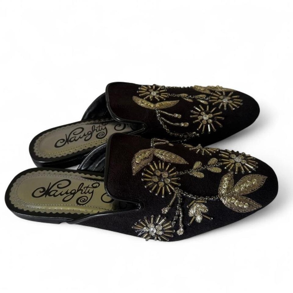 Naughty Monkey Black Embroidered Pointed Toe Mule Flats Black Slip